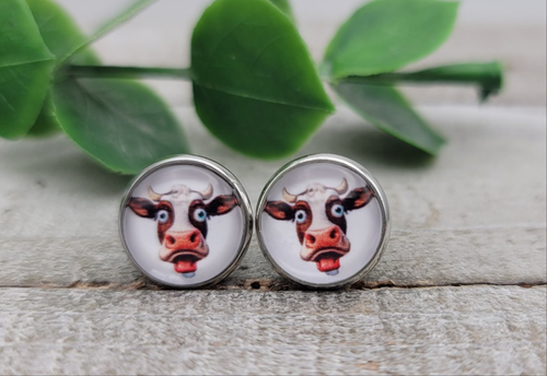 Crazy Cow || 12mm Glass Stud Earrings