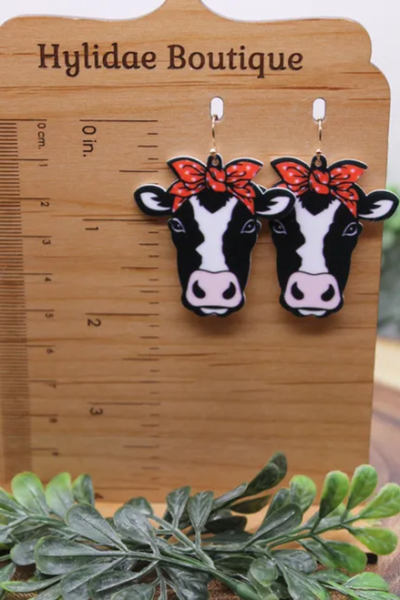 Cow with Red Headband || Dangle Earrings || Hypoallergenic