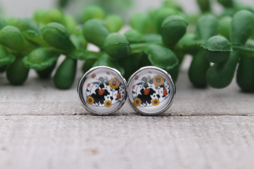 Cow Hide Pumpkin & Sunflowers || Glass Stud Earrings || Hypoallergenic
