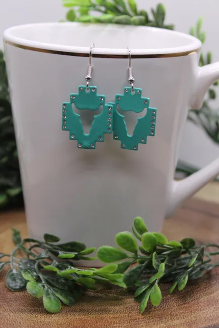 Teal Steer Skull Cutout || Acrylic Dangle Earrings || Hypoallergenic