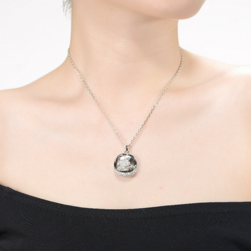 Collette Z Sterling Silver with Rhodium Plated Clear Round Cubic Zirconia Cluster Oval Pendant Necklace