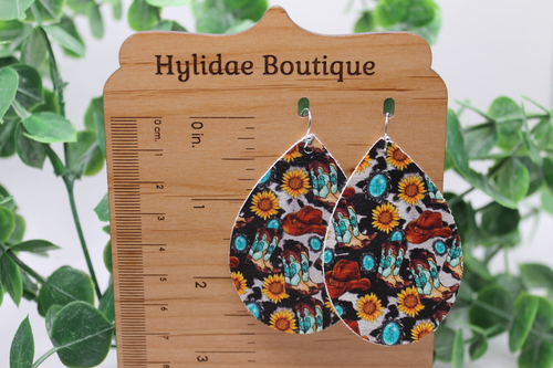 Sunflowers & Turquoise Cowgirl Hats and Boots || Teardrop Faux Leather Earrings