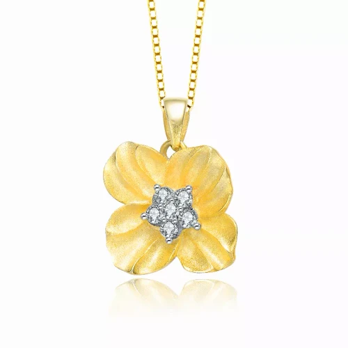 Collette Z Sterling Silver with Gold Plated Clear Round Cubic Zirconia Flower Pendant Necklace