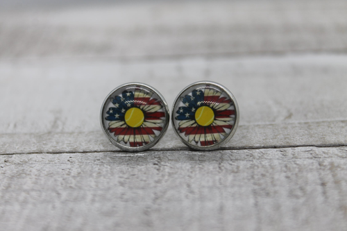 Tennis Patriotic Sunflower  Glass Stud Earrings