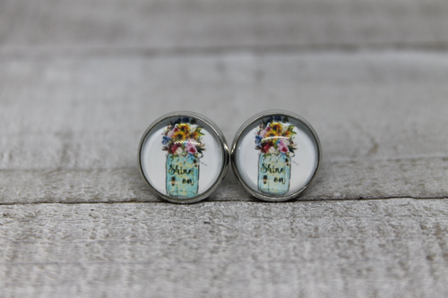 Shine On Floral Mason Jar  Glass Stud Earrings