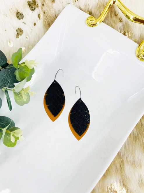 Mustard Suede Leather and Fish Net Pattern Leather Earrings 