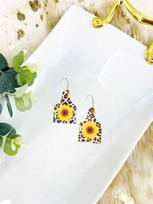Sunflower Leopard Leather Cow Tag Earrings 