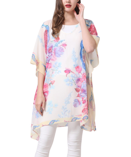 Floral Peacock Border-Accent V Neck Tunic