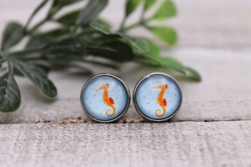 Seahorse on Blue || 12mm Glass Stud Earrings 
