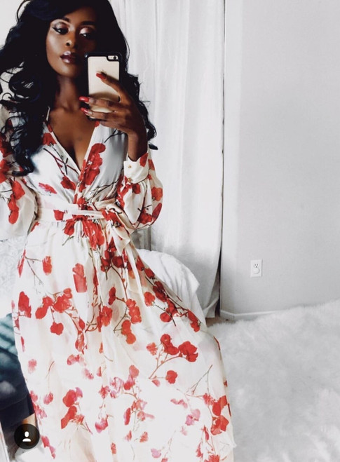 Michal Long Sleeves Floral Maxi Dress in Beige