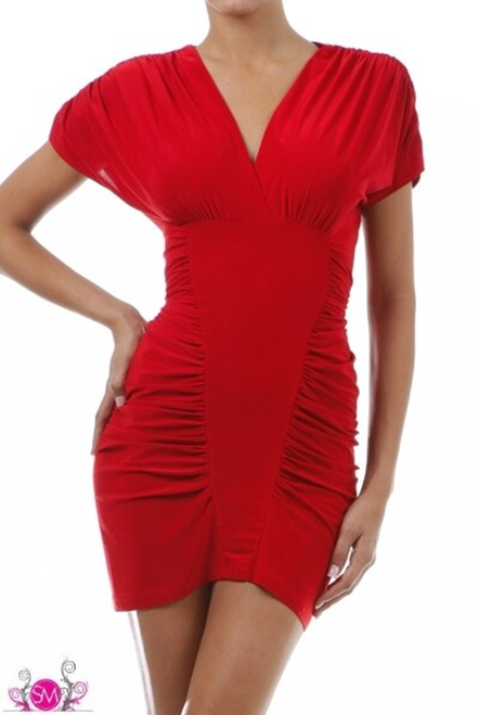 Red Sexy Lycra V Neck Mini Dress
