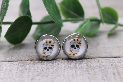 Skull & Sunflowers || Glass Stud Earrings || Hypoallergenic