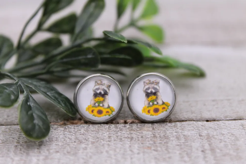 Raccoon & Sunflowers || 12mm Glass Stud Earrings 