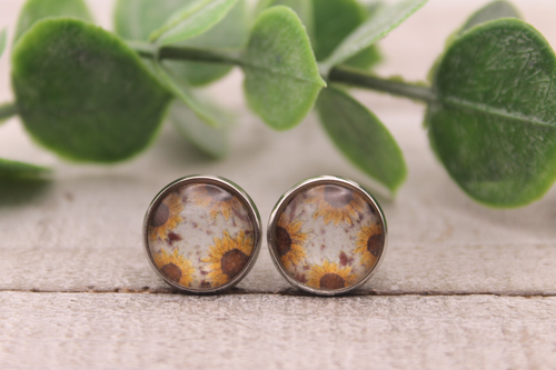 Sunflowers on Brown Cow  Glass Stud Earrings