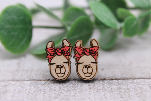 Llama with Red Headband Wood Stud Earrings *Hand Painted*