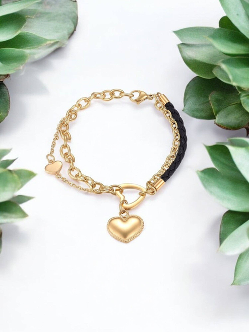 Stainless Steel & Leather Cord Charm Bracelet 