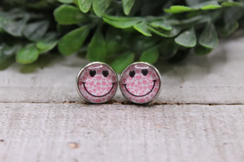 Pink Leopard Smiley Face || Stud Earrings