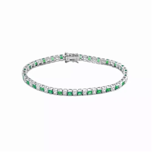 Collette Z Sterling Silver Green and White Cubic Zirconia Princess-cut Tennis Bracelet