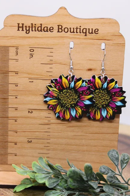 Colorful Sunflower || Faux Leather Dangle Earrings || Hypoallergenic