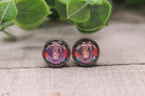 Highland Cow on Serape  Glass Stud Earrings