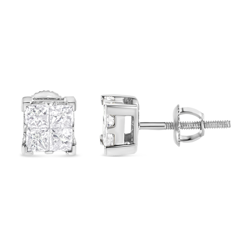 10 Karat White Gold 3/4 Carat Total Weight Invisible Set Princess-Cut Diamond Composite Square Stud Earrings 