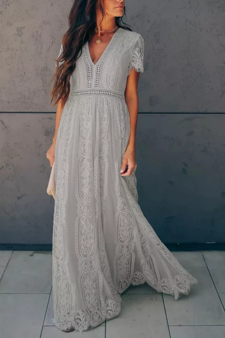 Soft Deep V Neck Short Sleeve Lace Dress