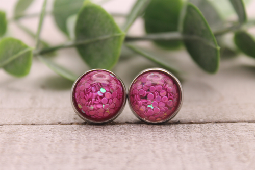 Fuchsia Confetti Dome  Stud Earrings