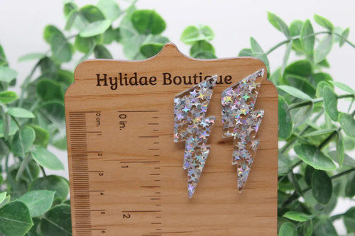 Holographic Confetti Lightning Bolts || Acrylic Dangle Earrings || Hypoallergenic