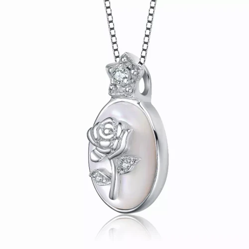 Collette Z Sterling Silver with Rhodium Plated Clear Round Cubic Zirconia Rose Flower Pendant Necklace