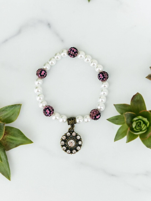 Amethyst Glass Pearl & Rhinestone Bracelet with Flower Charm