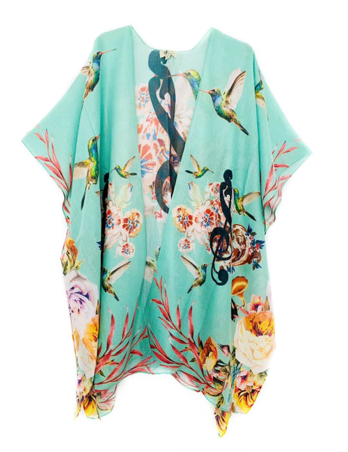 Aqua Hummingbird Music Note Floral Kimono