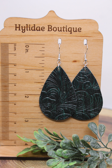 Turquoise Tooled Leather Teardrop || Faux Leather Dangle Earrings