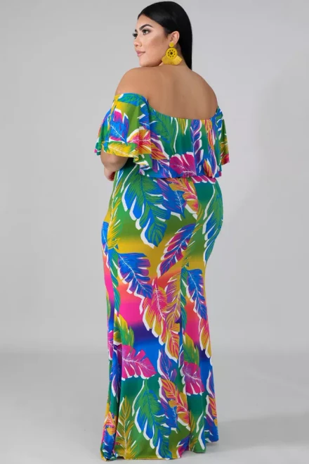 Vintage Tropical Palms Ruffled off shoulder Dress