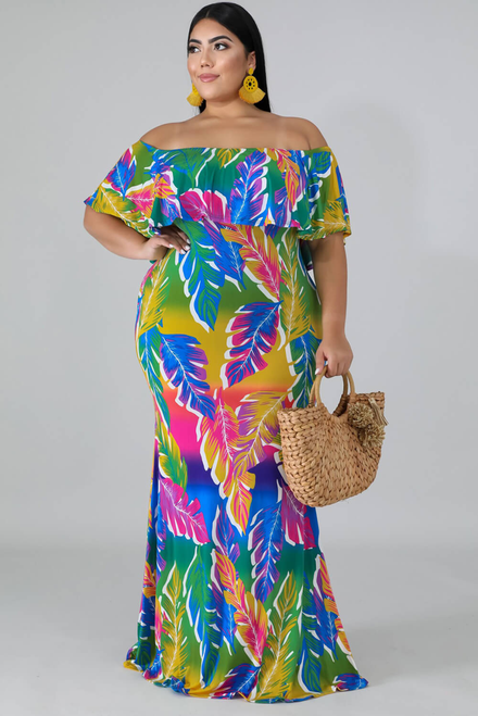 Vintage Tropical Palms Ruffled off shoulder Dress