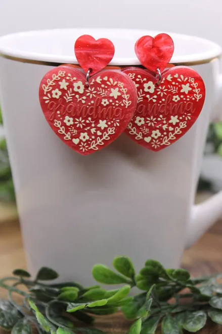 Grandma Red Pearl Floral Heart || Acrylic Dangle Earrings || Hypoallergenic