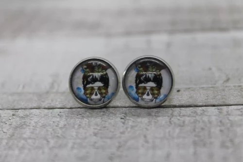 Camo Mama Skull Messy Bun  Glass Stud Earrings