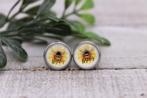 Bee Happy || 12mm Glass Stud Earrings 