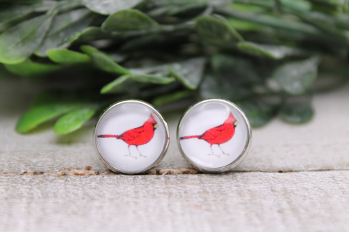 Cardinal on White || 12mm Stud Earrings 
