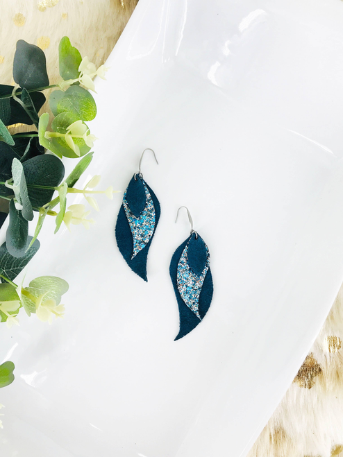 Dark Teal Leather and Turquoise Glitter Dangle Earrings