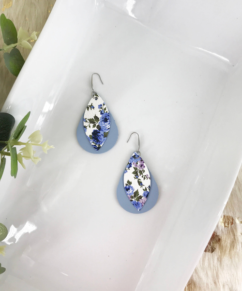 Baby Blue Genuine Leather Layered Dangle Earrings