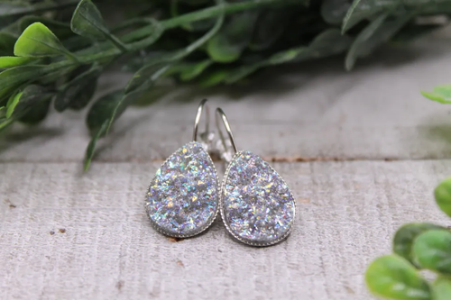 Silver Glitz Druzy Teardrop French Lever Earrings