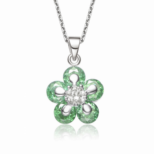 Collette Z Sterling Silver Green and Clear Cubic Zirconia Flower Necklace