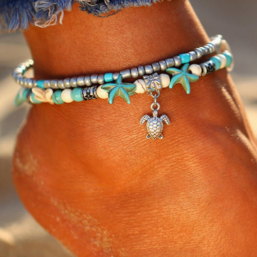 Vintage Double Beaded Turtle Starfish Boho Anklet