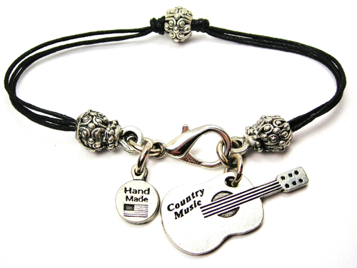 Country Music Guitar Pewter Beaded Black Cord Bracelet