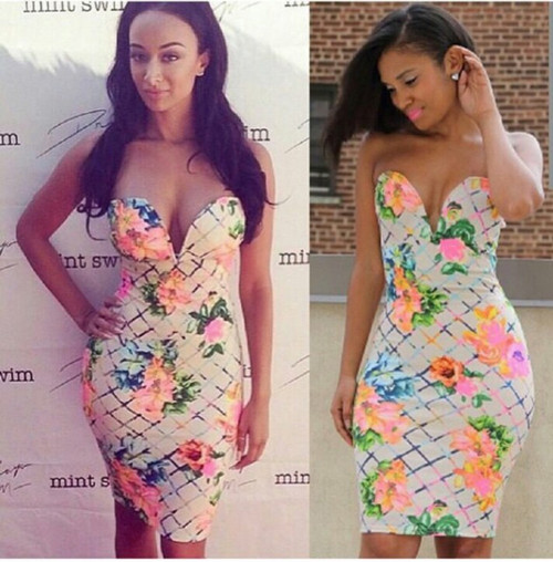 Floral Print Strapless Sweetheart Neck Body-con Dress