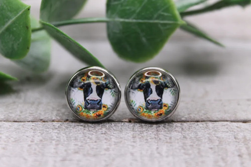 Cow & Sunflowers Glass Stud Earrings