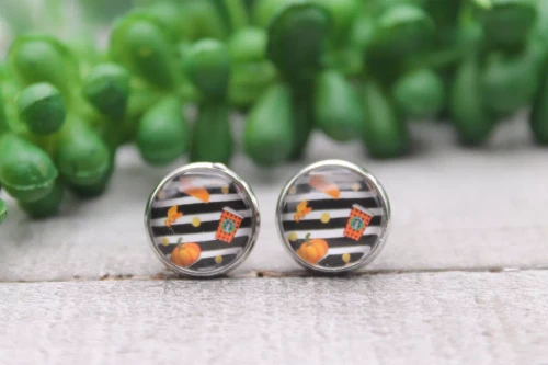 Pumpkin Spice on Stripes || Glass Stud Earrings || Hypoallergenic