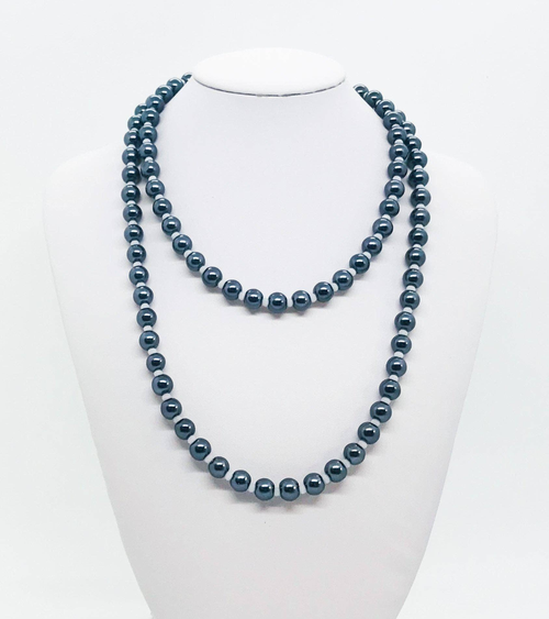 34" Gunmetal  Glass Pearl and White Bead Necklace