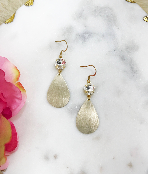 Genuine Crystal & Brushed Gold Teardrop Pendant Earrings 