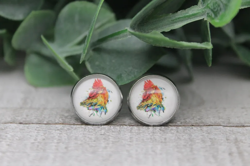 Watercolor Rooster Glass Stud Earrings